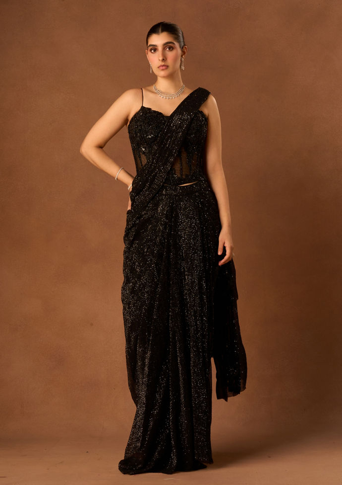 Twamev Women Black Net Saree with Sequin Embellishments