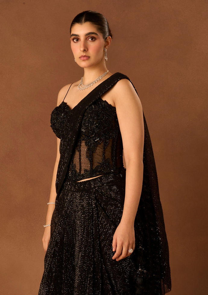 Twamev Women Black Net Saree with Sequin Embellishments