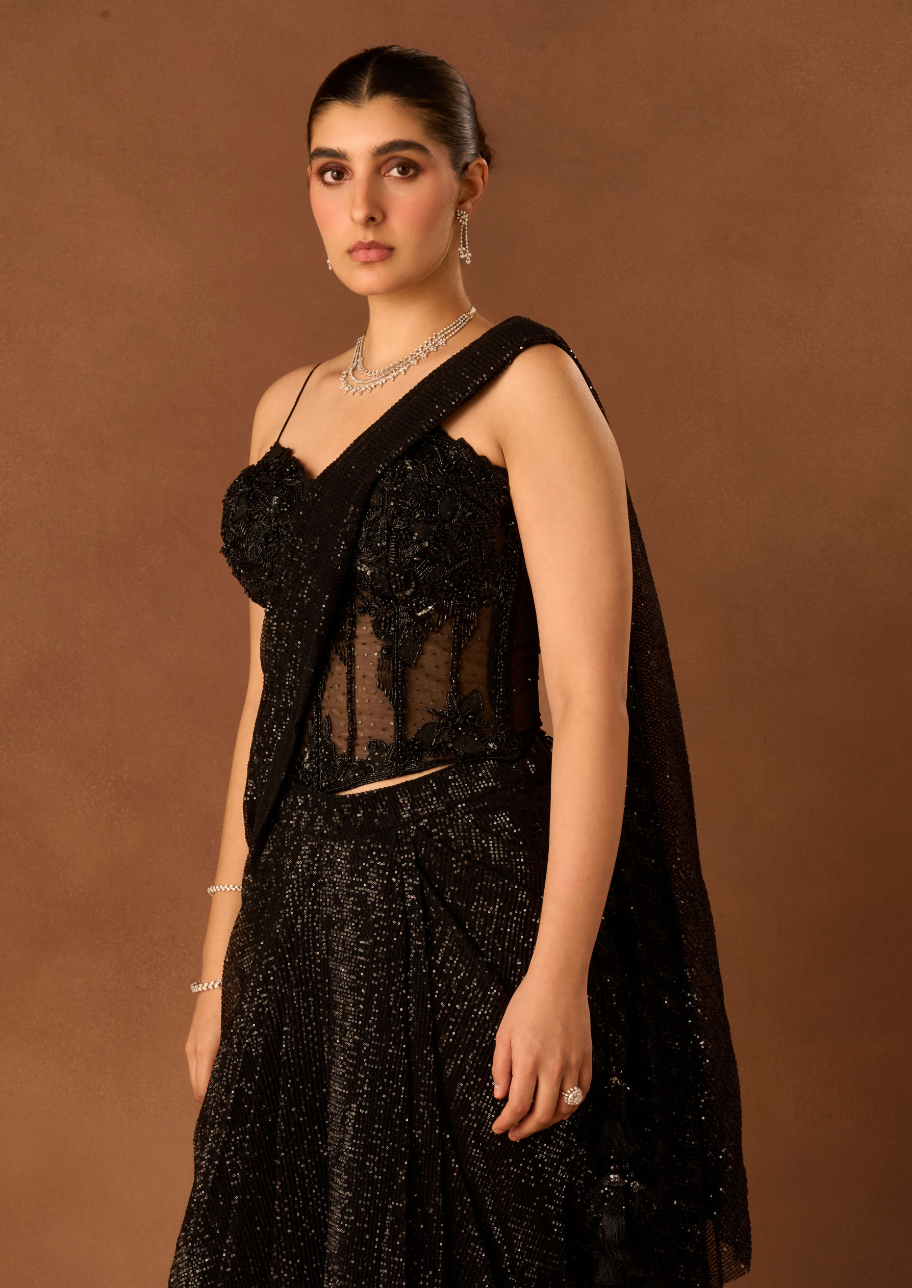 Twamev Women Black Net Saree with Sequin Embellishments