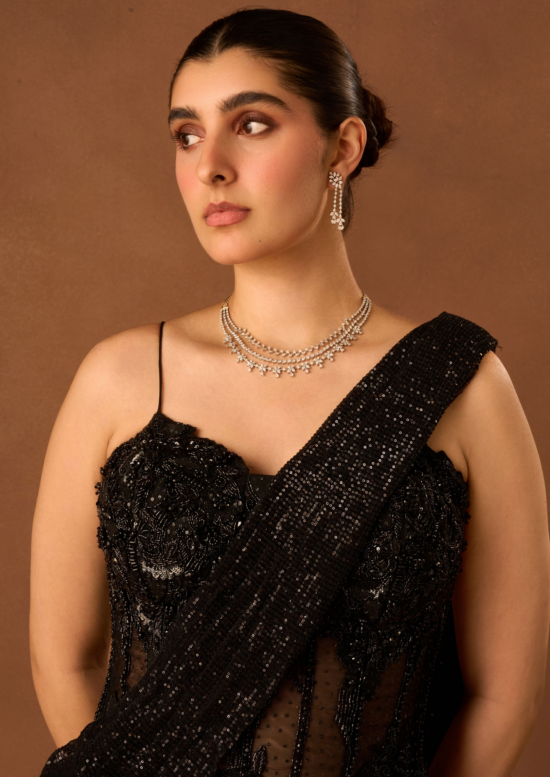 Twamev Women Black Net Saree with Sequin Embellishments