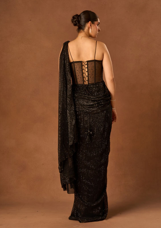 Twamev Women Black Net Saree with Sequin Embellishments