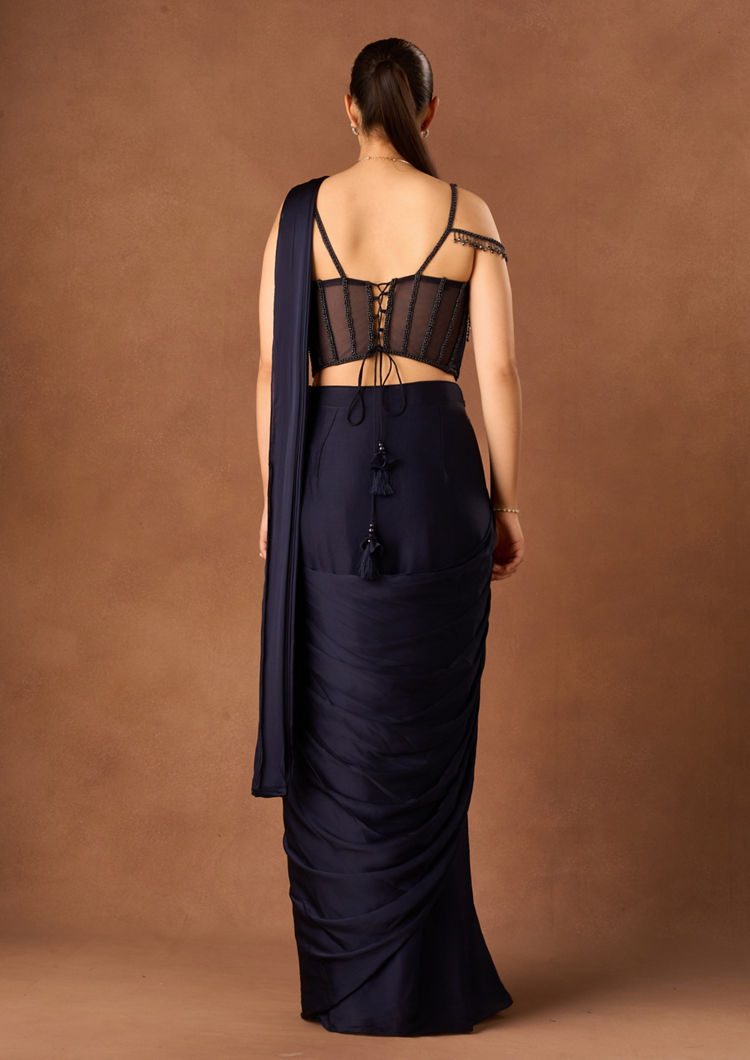 Twamev Women Indigo Blue Satin Saree with Embroidery