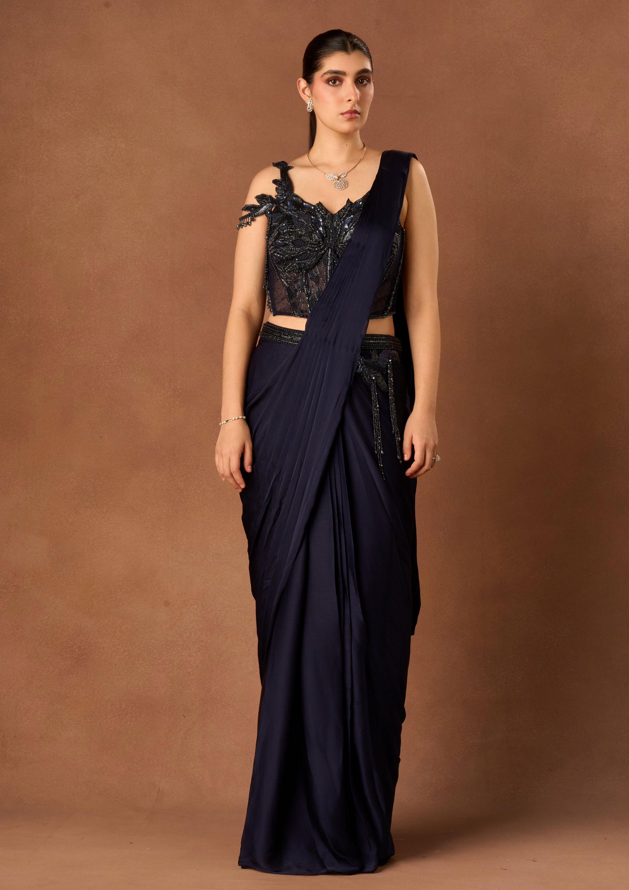 Twamev Women Indigo Blue Satin Saree with Embroidery