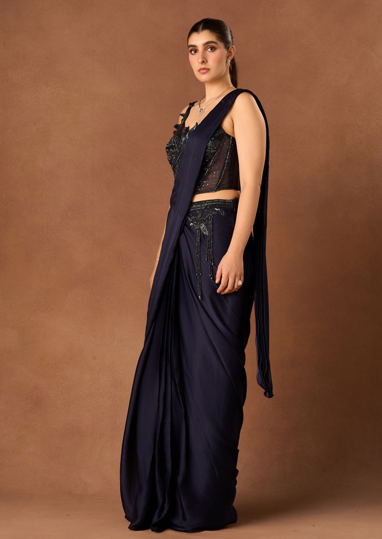 Twamev Women Indigo Blue Satin Saree with Embroidery