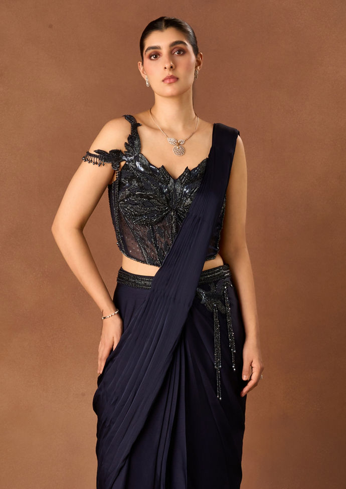 Twamev Women Indigo Blue Satin Saree with Embroidery