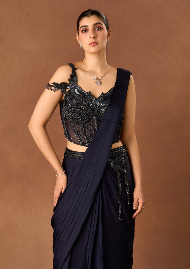 Twamev Women Indigo Blue Satin Saree with Embroidery