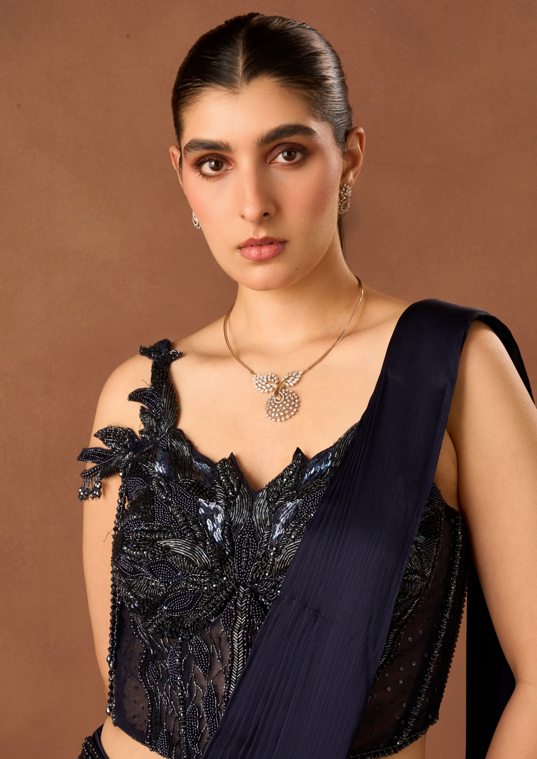 Twamev Women Indigo Blue Satin Saree with Embroidery