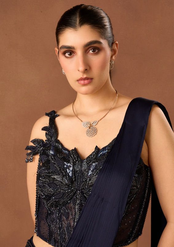 Twamev Women Indigo Blue Satin Saree with Embroidery