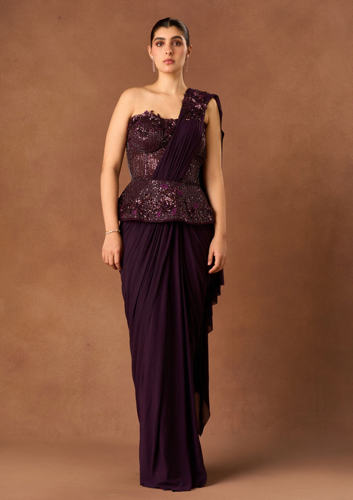 Twamev Women Wine Knit Saree with Sequin Work