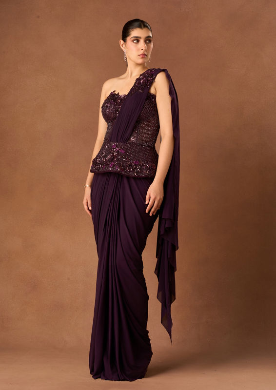 Twamev Women Wine Knit Saree with Sequin Work