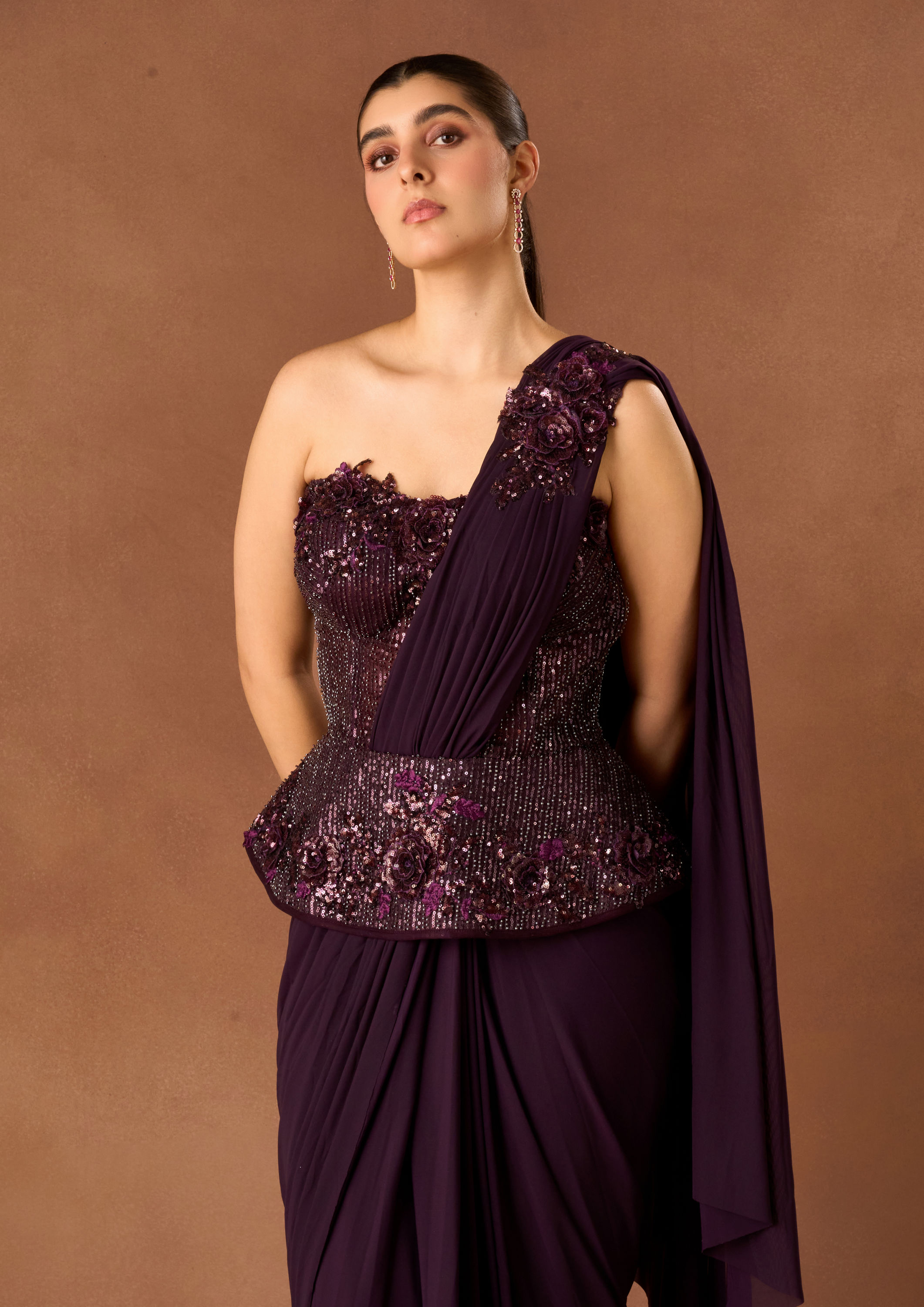 Twamev Women Wine Knit Saree with Sequin Work