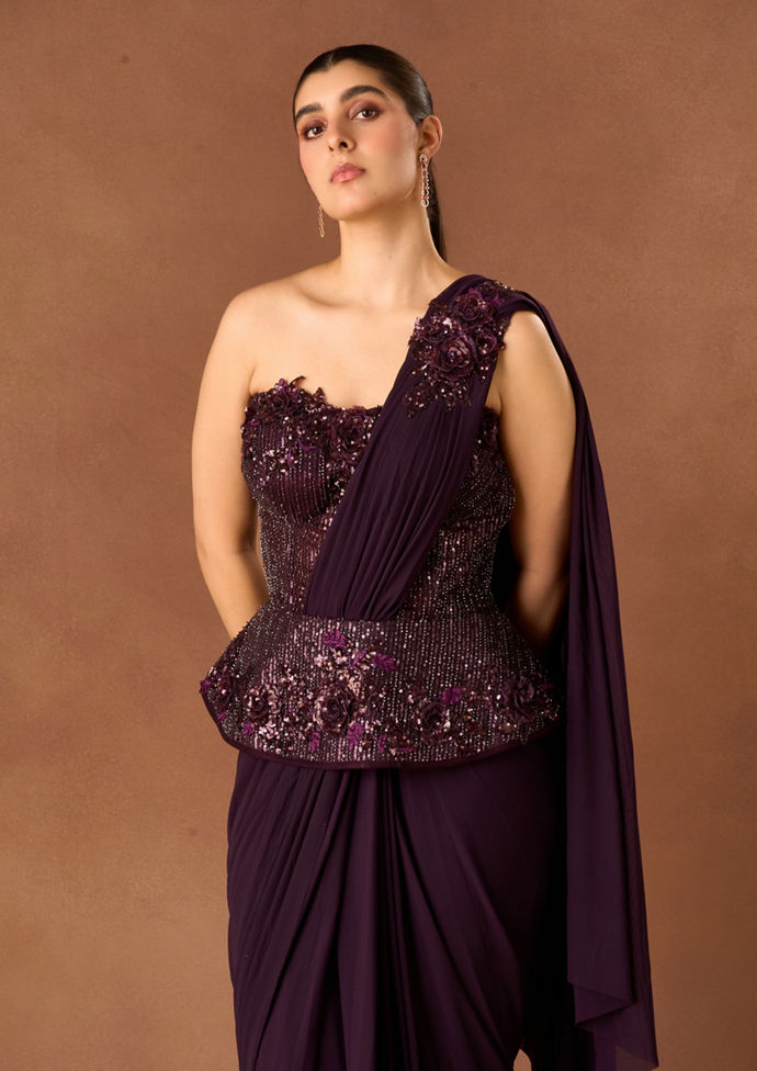 Twamev Women Wine Knit Saree with Sequin Work