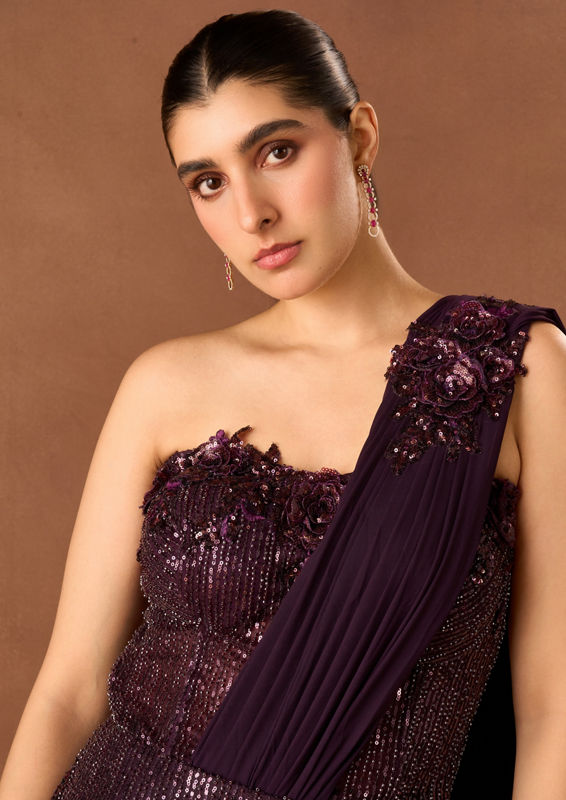 Twamev Women Wine Knit Saree with Sequin Work