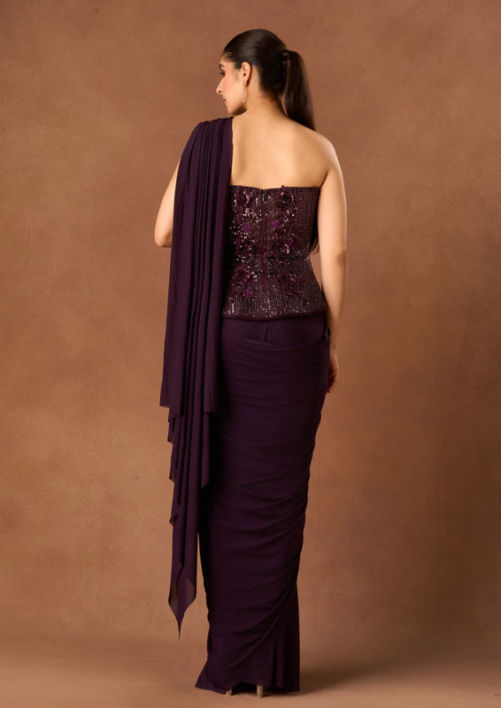 Twamev Women Wine Knit Saree with Sequin Work