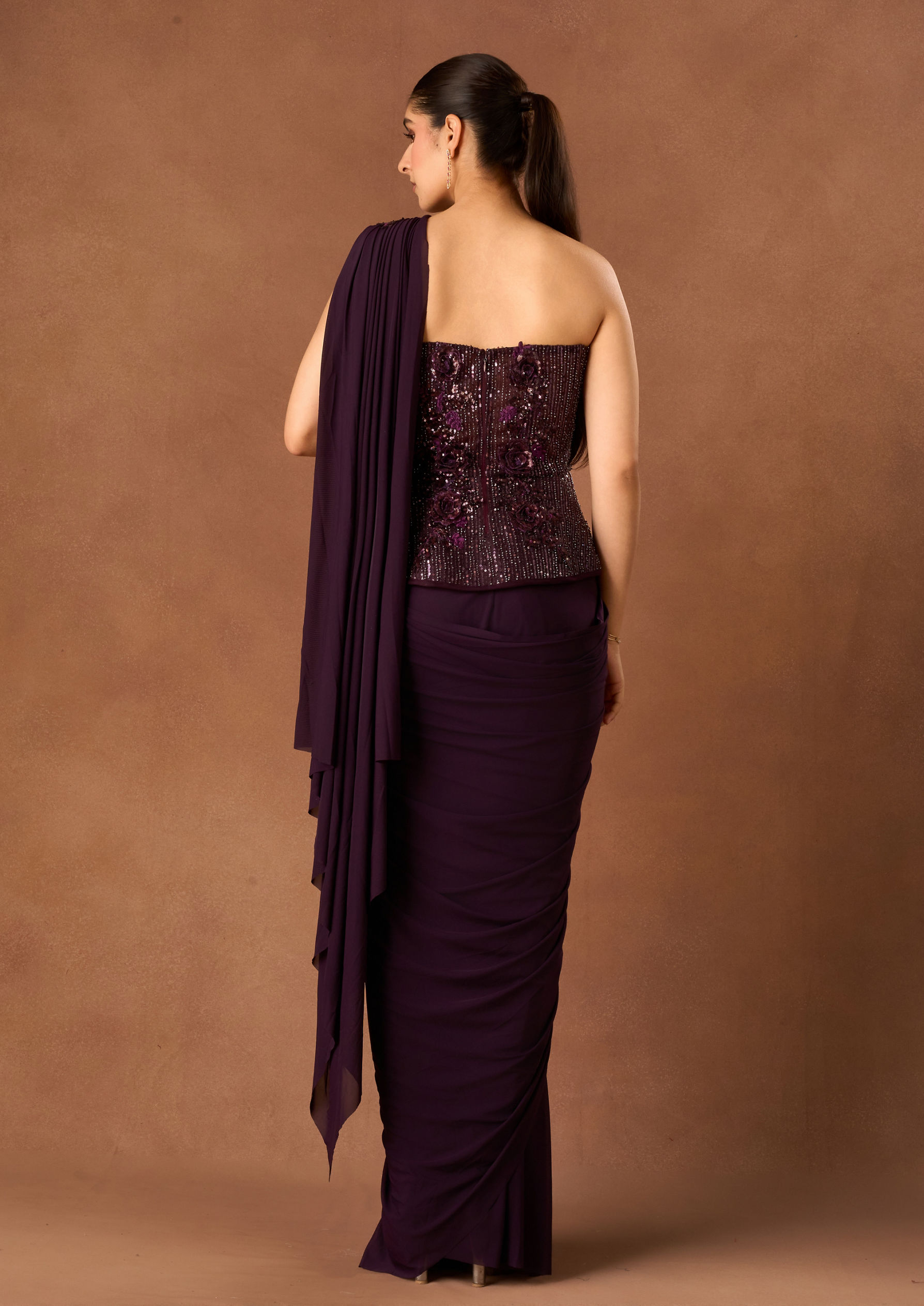 Twamev Women Wine Knit Saree with Sequin Work