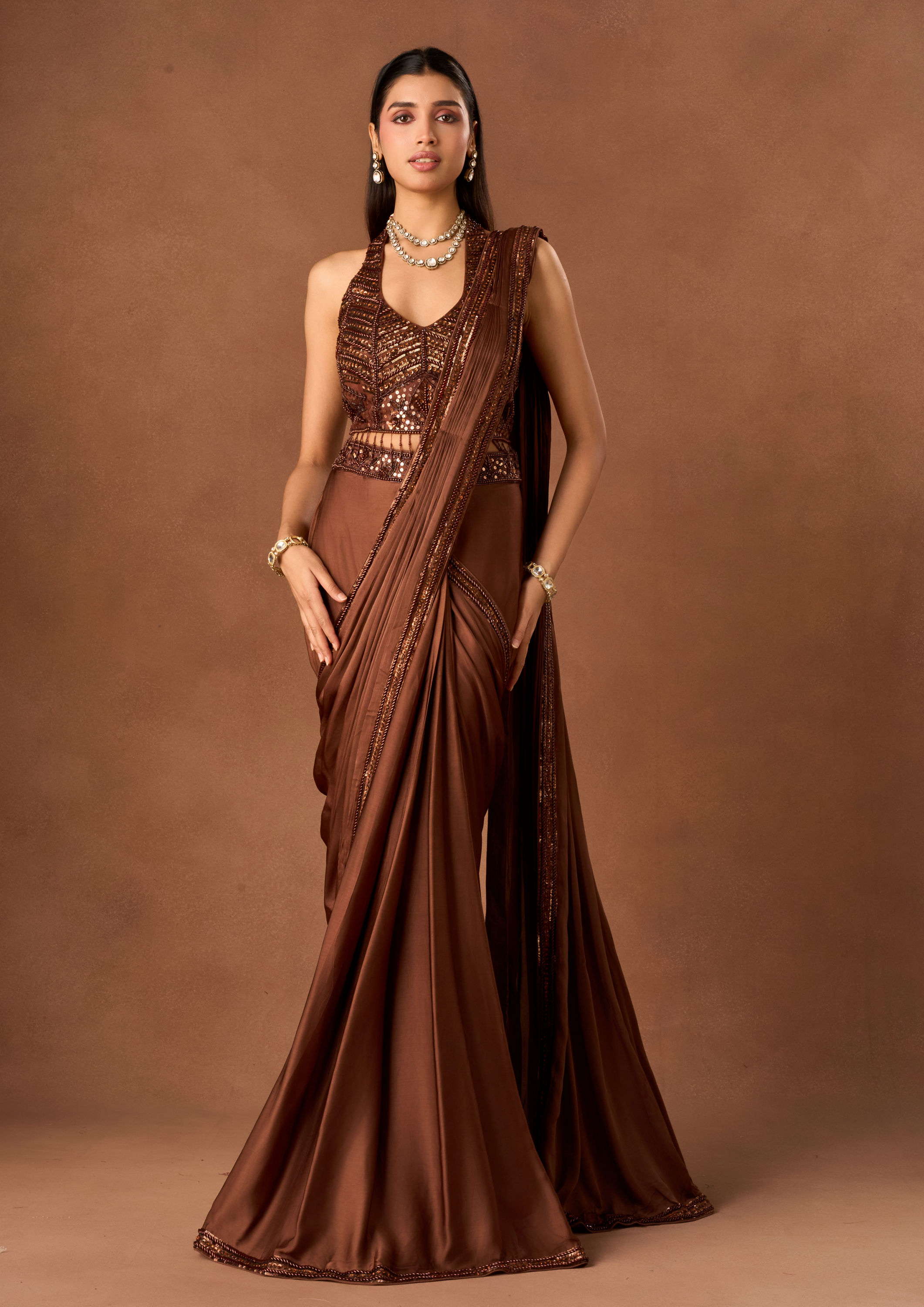 Twamev Women Brown Satin Saree with Embroidered Blouse