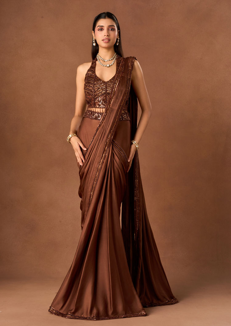 Twamev Women Brown Satin Saree with Embroidered Blouse