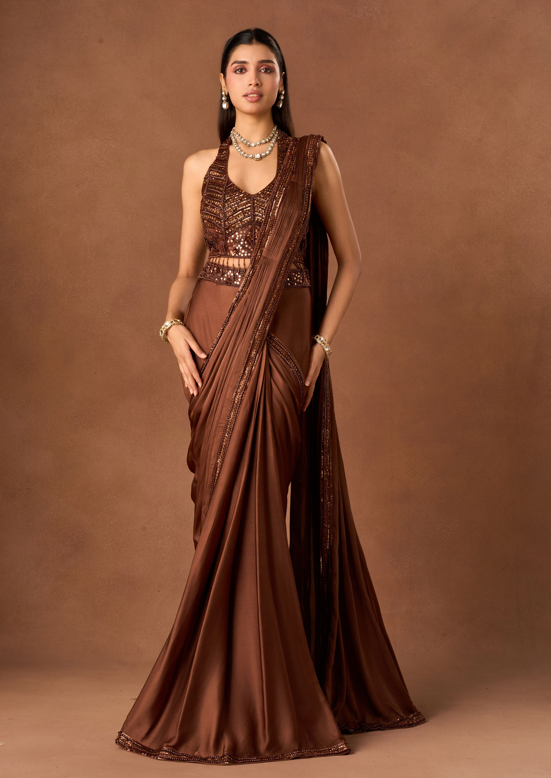 Twamev Women Brown Satin Saree with Embroidered Blouse