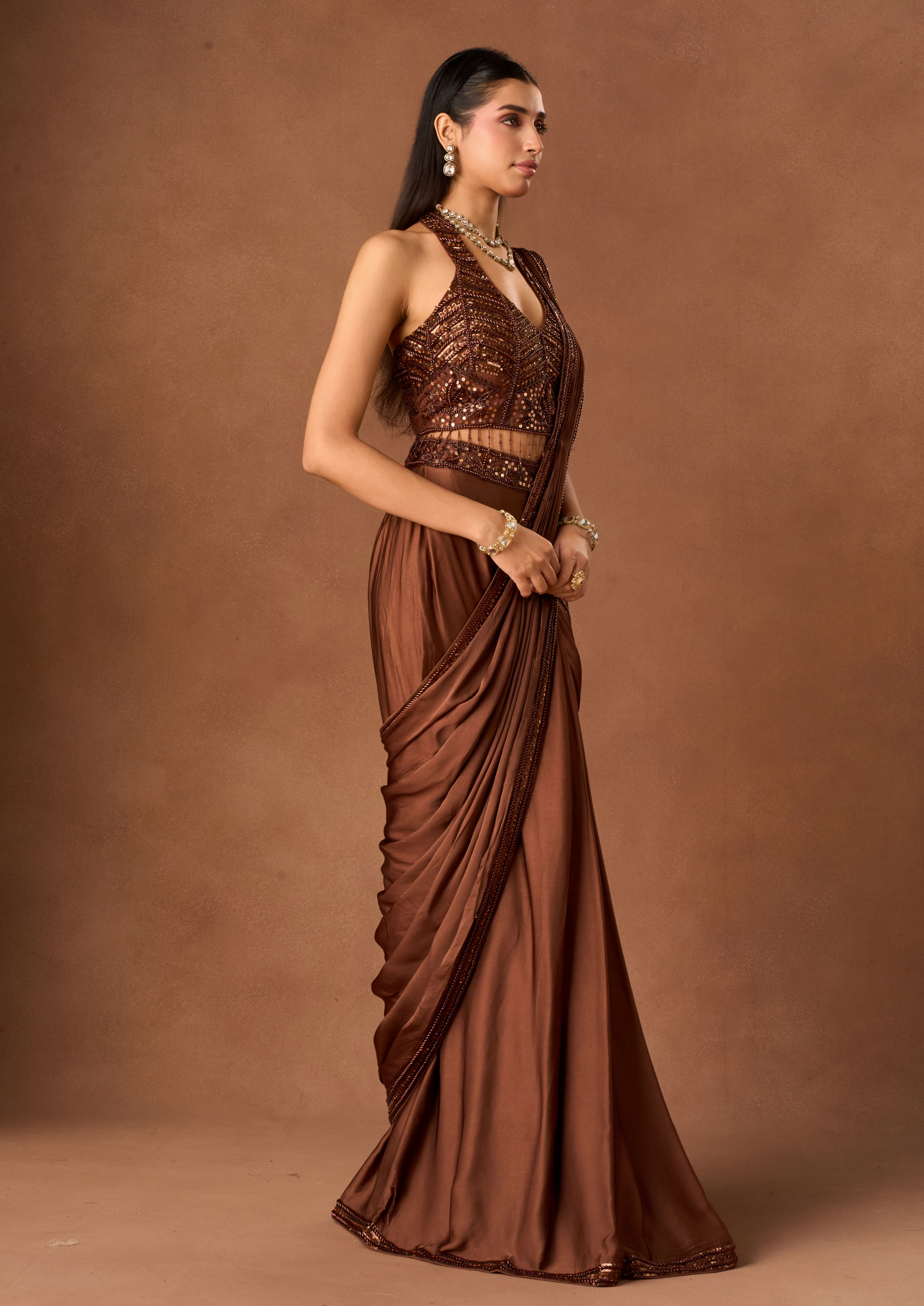 Twamev Women Brown Satin Saree with Embroidered Blouse