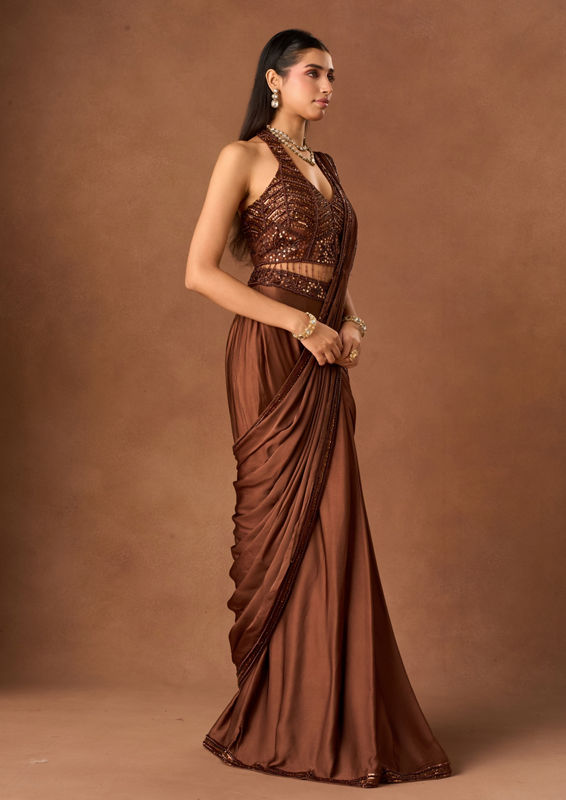Twamev Women Brown Satin Saree with Embroidered Blouse