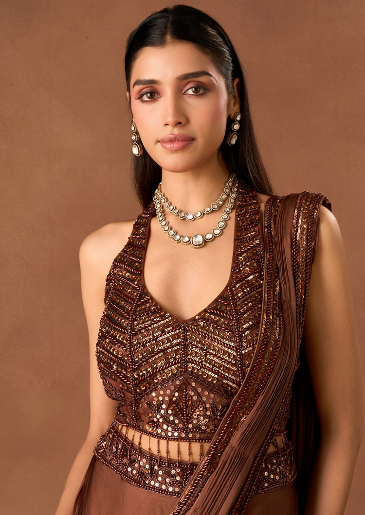 Twamev Women Brown Satin Saree with Embroidered Blouse