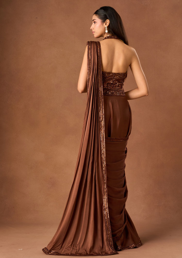 Twamev Women Brown Satin Saree with Embroidered Blouse