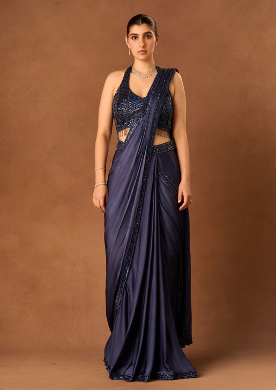 Twamev Women Indigo Blue Satin Saree with Embroidery