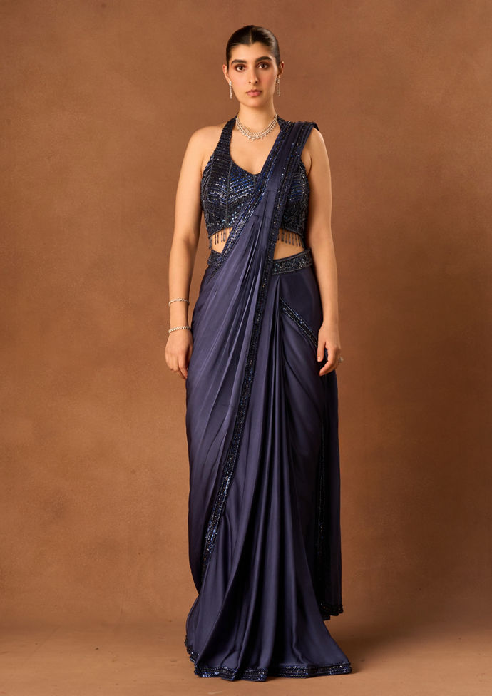 Twamev Women Indigo Blue Satin Saree with Embroidery