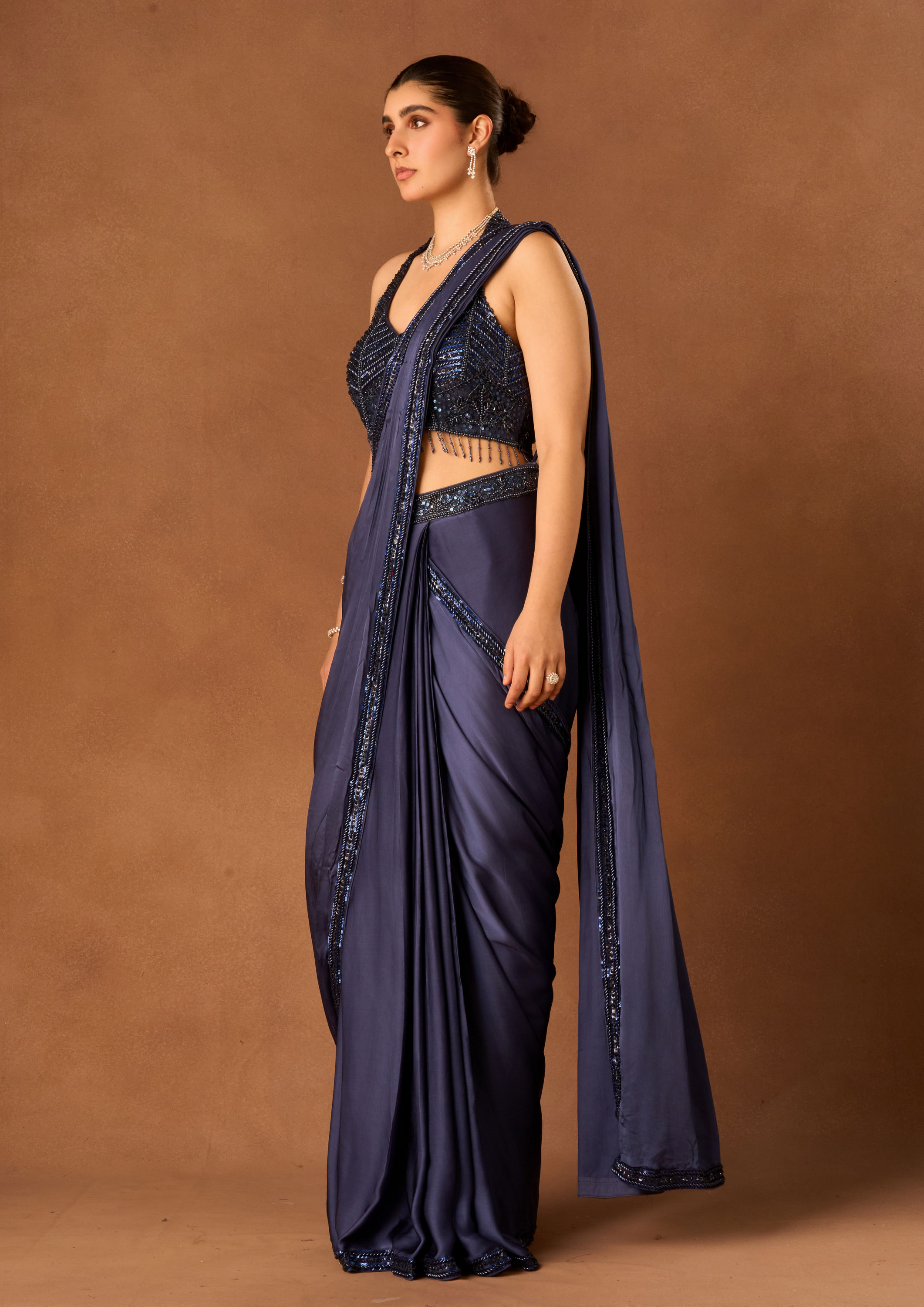 Twamev Women Indigo Blue Satin Saree with Embroidery