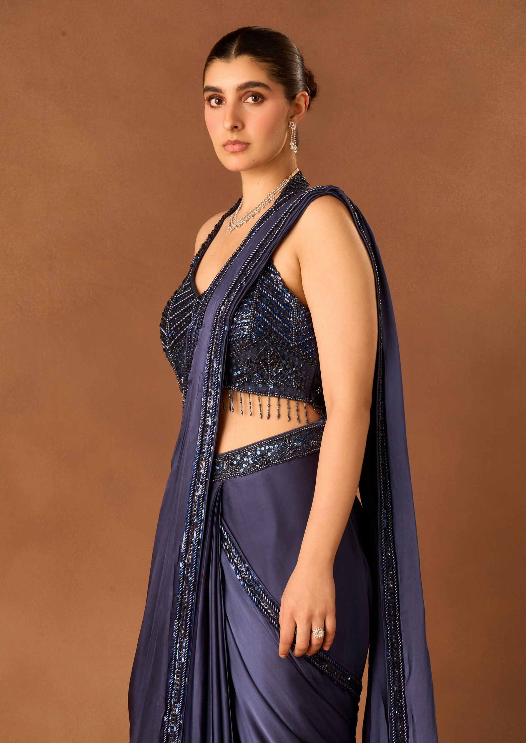 Twamev Women Indigo Blue Satin Saree with Embroidery