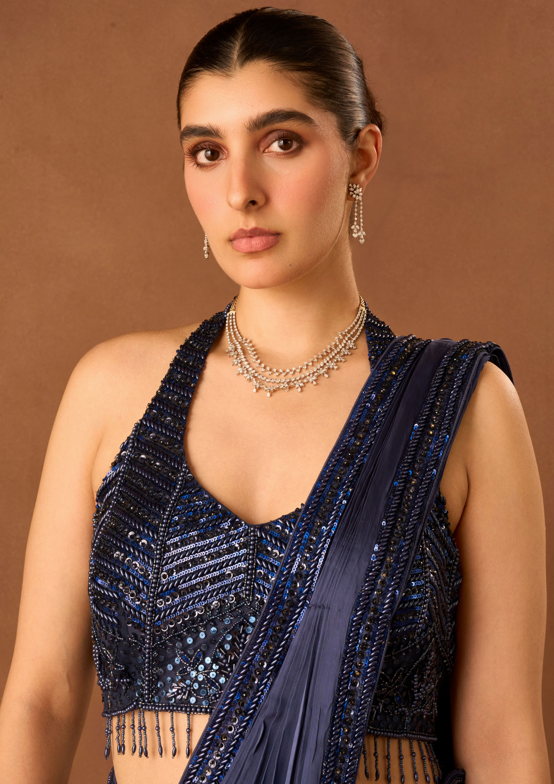 Twamev Women Indigo Blue Satin Saree with Embroidery