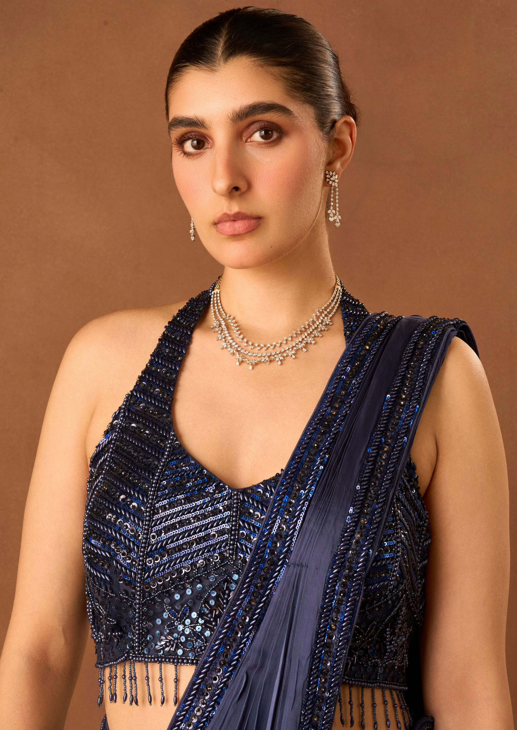 Twamev Women Indigo Blue Satin Saree with Embroidery