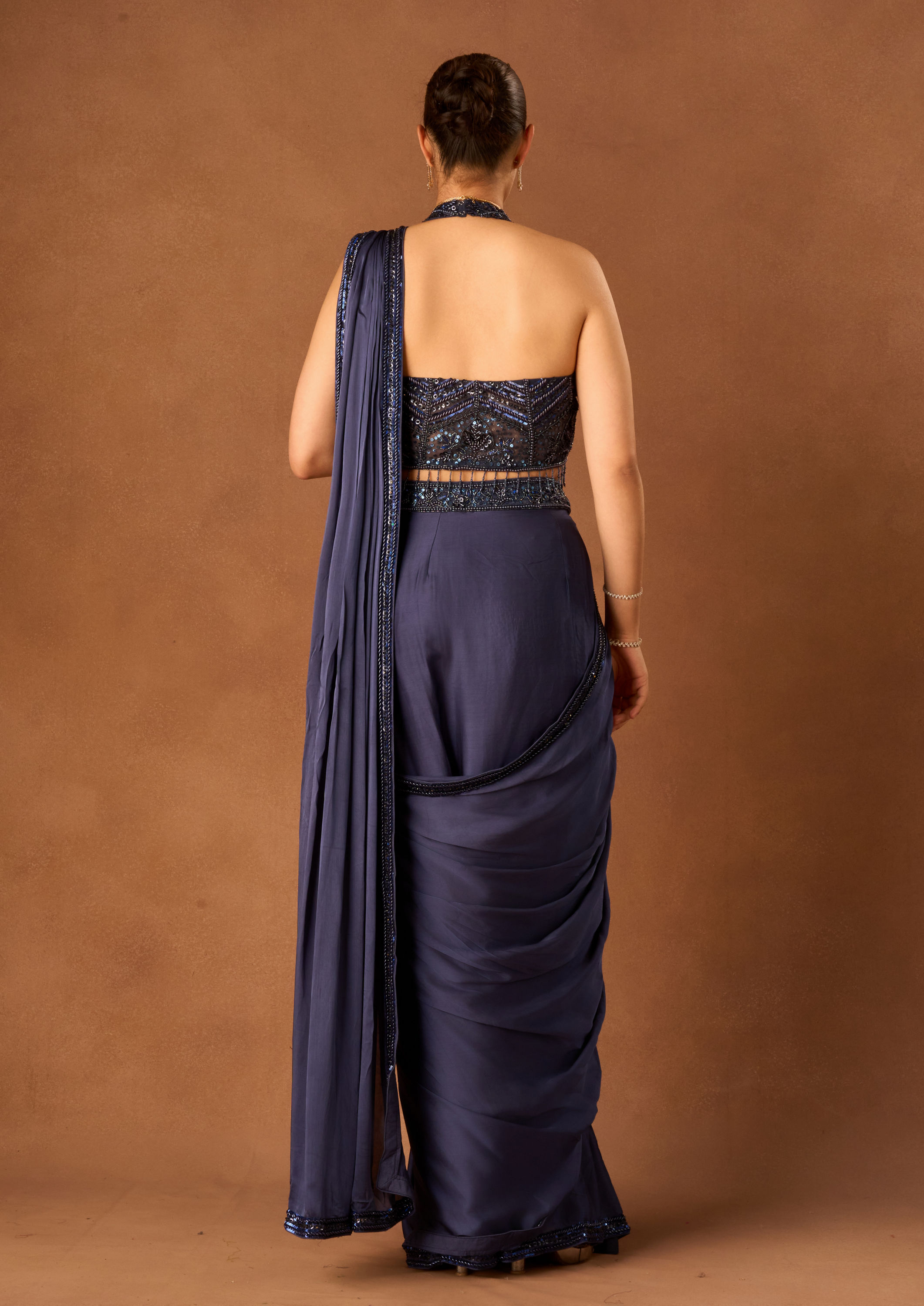 Twamev Women Indigo Blue Satin Saree with Embroidery