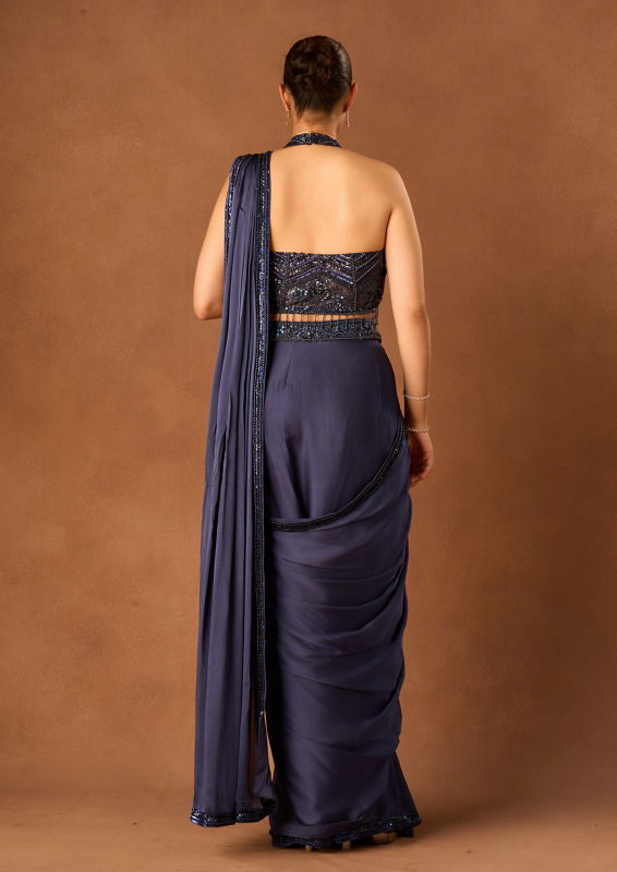 Twamev Women Indigo Blue Satin Saree with Embroidery