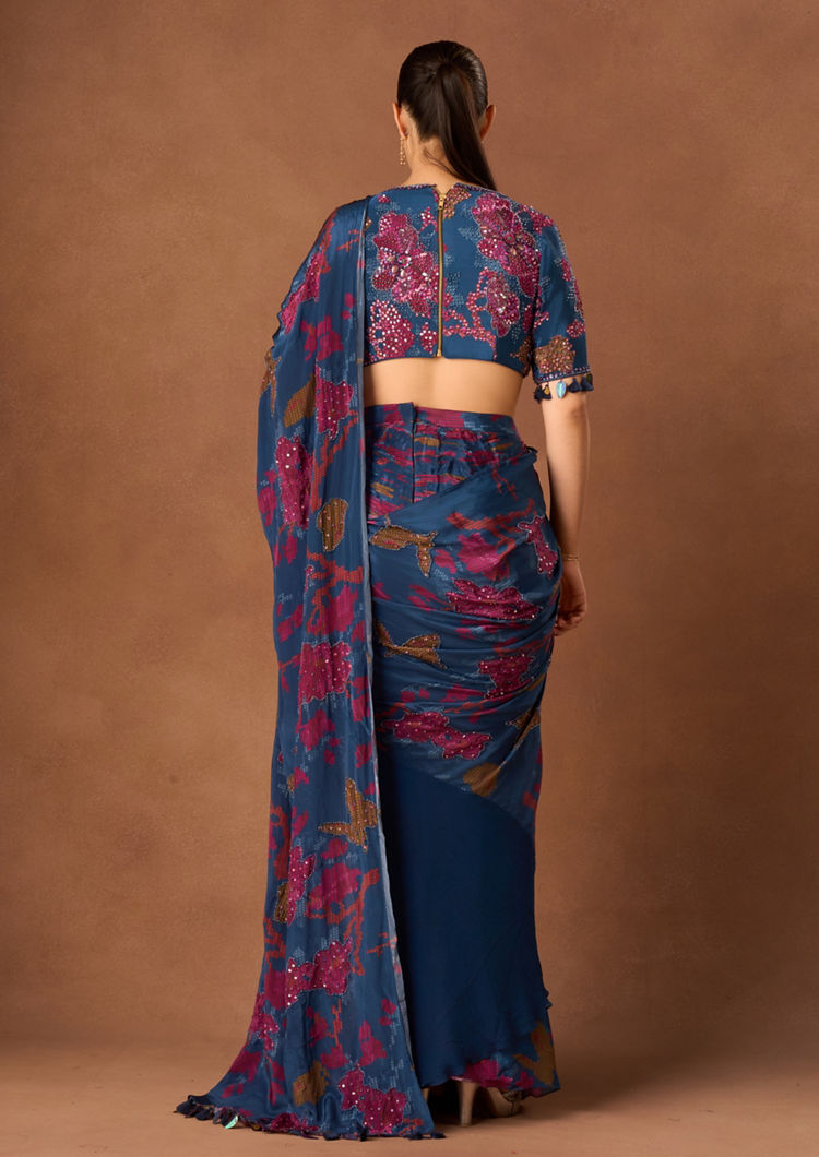 Twamev Women Indigo Blue Crepe Saree with Embroidery