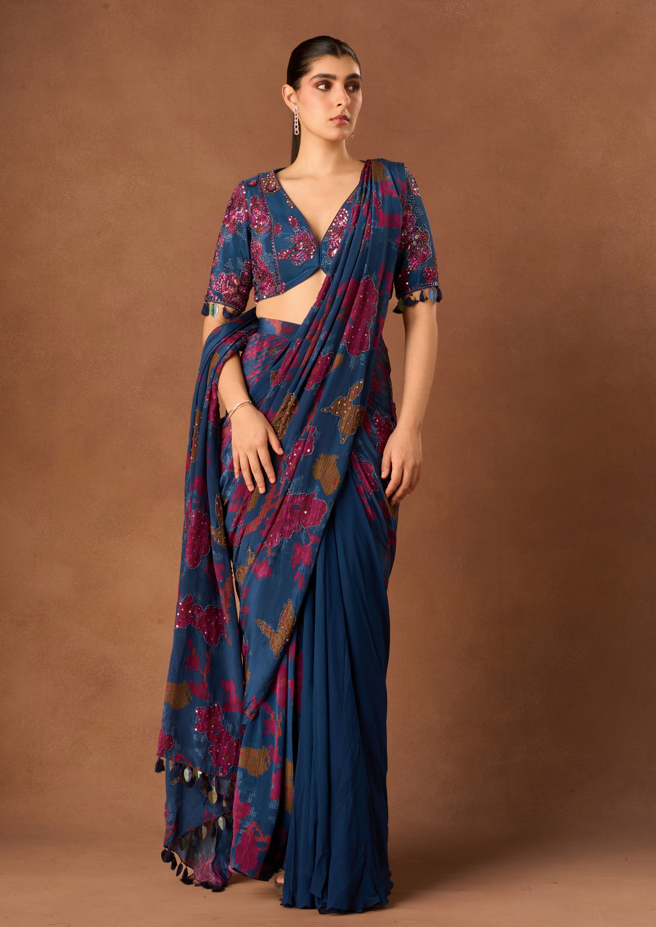 Twamev Women Indigo Blue Crepe Saree with Embroidery