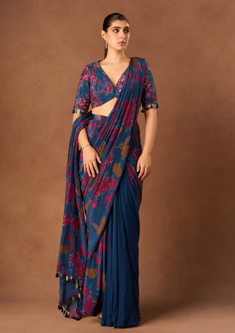 Twamev Women Indigo Blue Crepe Saree with Embroidery