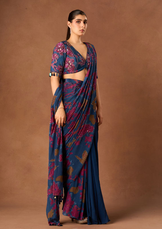 Twamev Women Indigo Blue Crepe Saree with Embroidery