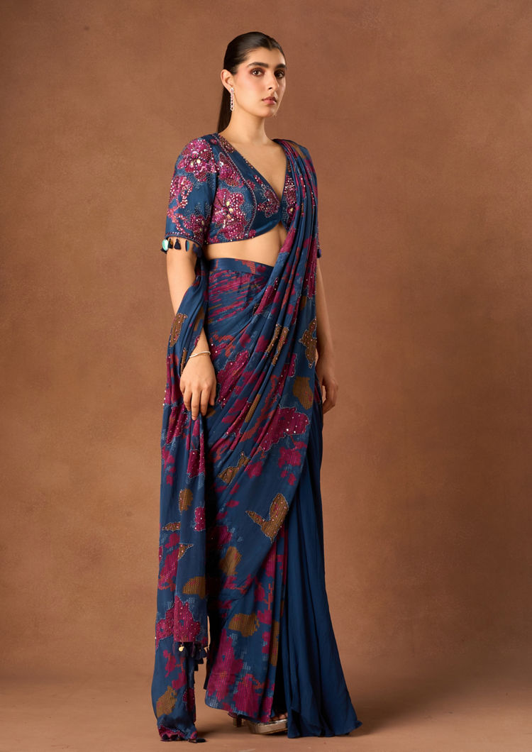 Twamev Women Indigo Blue Crepe Saree with Embroidery
