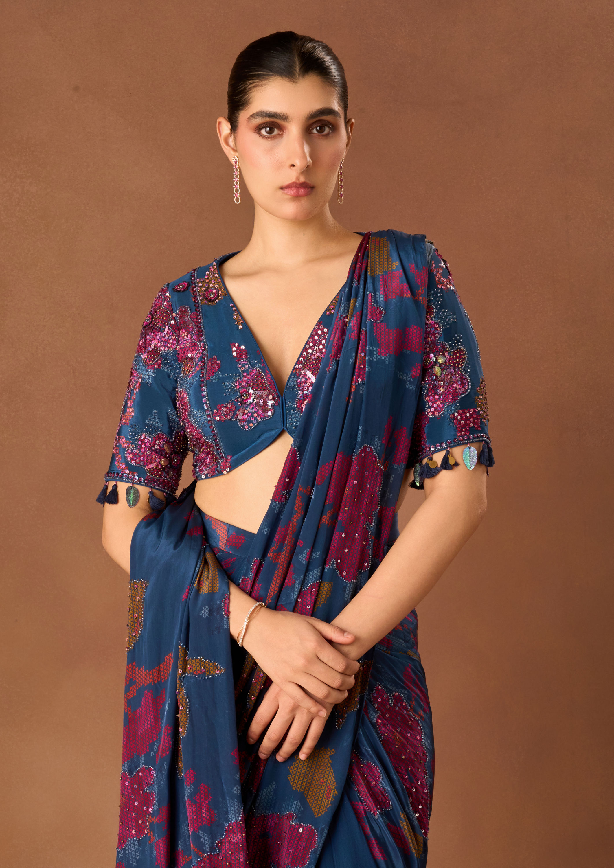 Twamev Women Indigo Blue Crepe Saree with Embroidery