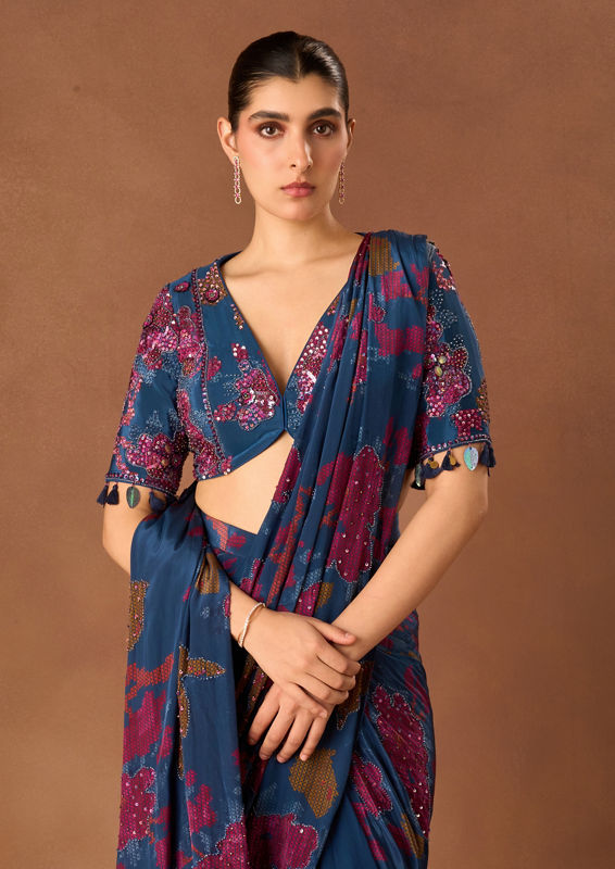 Twamev Women Indigo Blue Crepe Saree with Embroidery