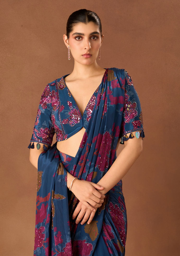 Twamev Women Indigo Blue Crepe Saree with Embroidery