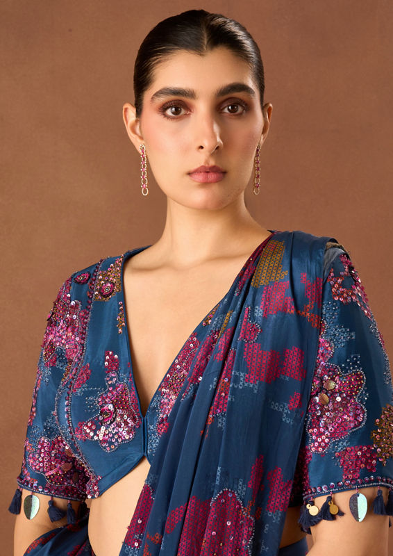 Twamev Women Indigo Blue Crepe Saree with Embroidery