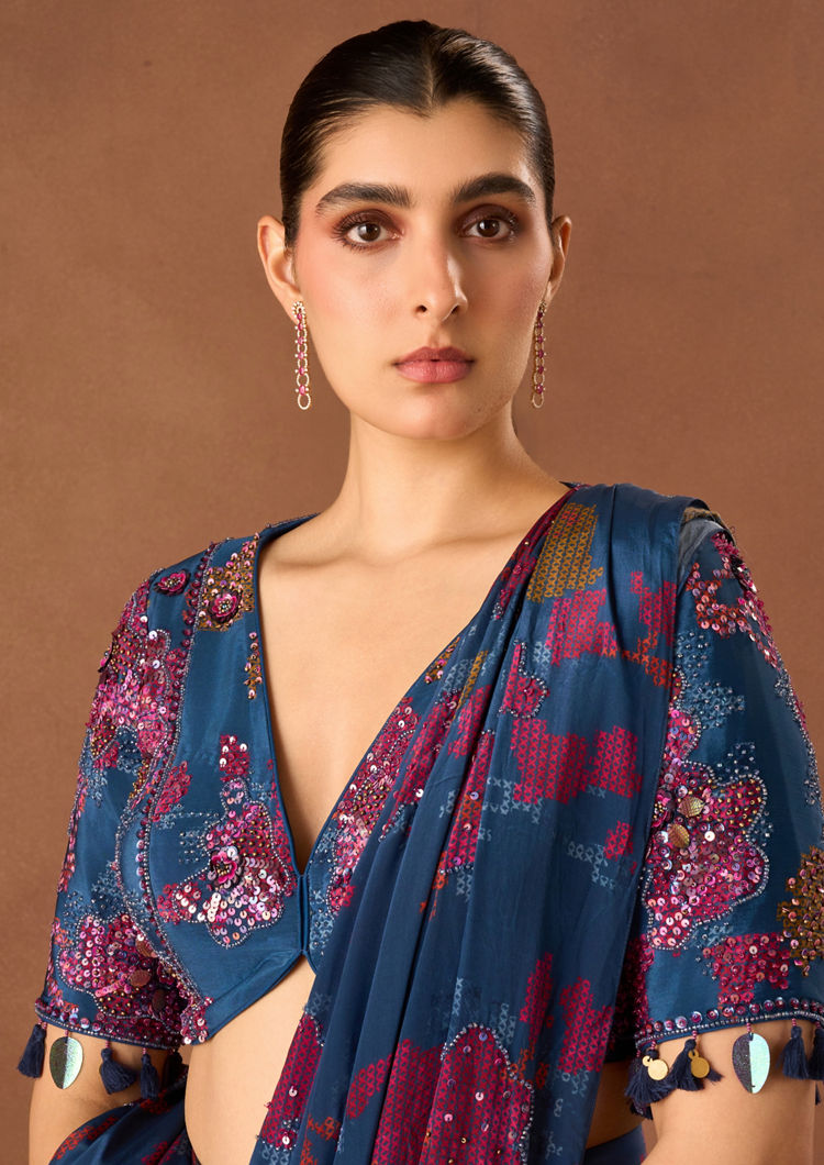 Twamev Women Indigo Blue Crepe Saree with Embroidery
