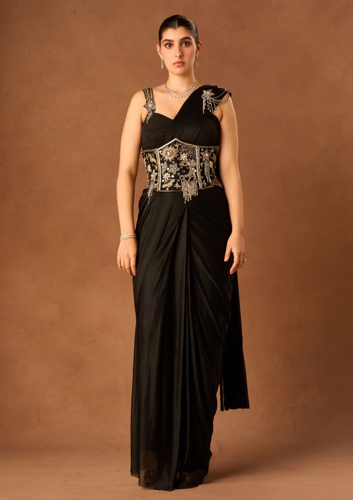 Twamev Women Black Georgette Saree with Sequin Work