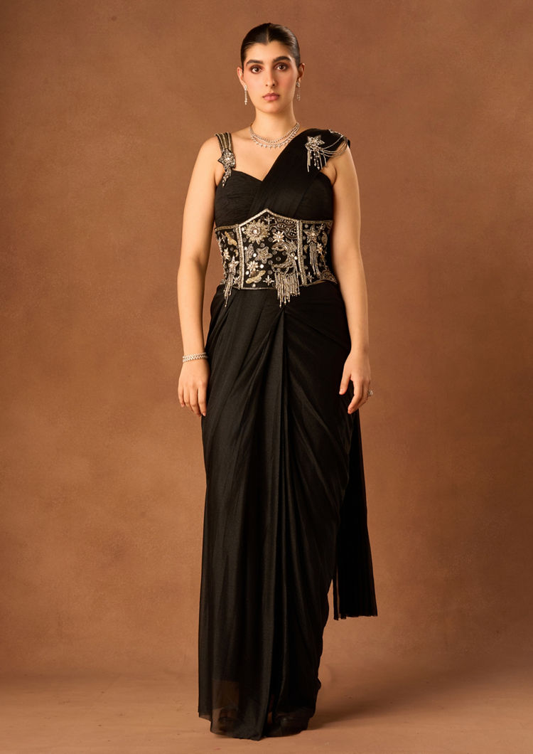 Twamev Women Black Georgette Saree with Sequin Work