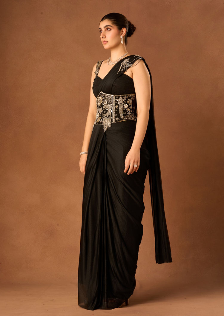 Twamev Women Black Georgette Saree with Sequin Work