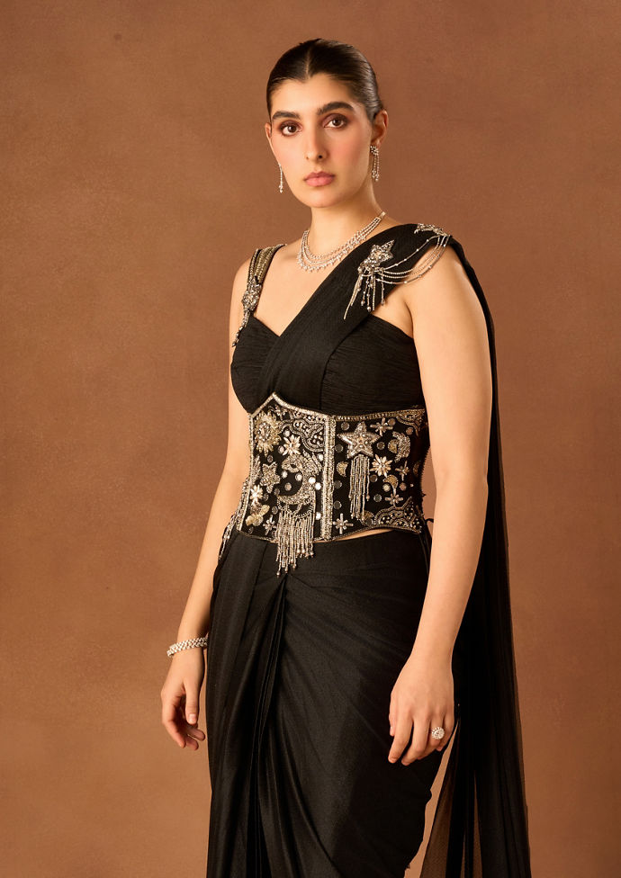 Twamev Women Black Georgette Saree with Sequin Work