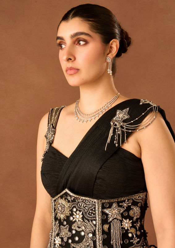 Twamev Women Black Georgette Saree with Sequin Work