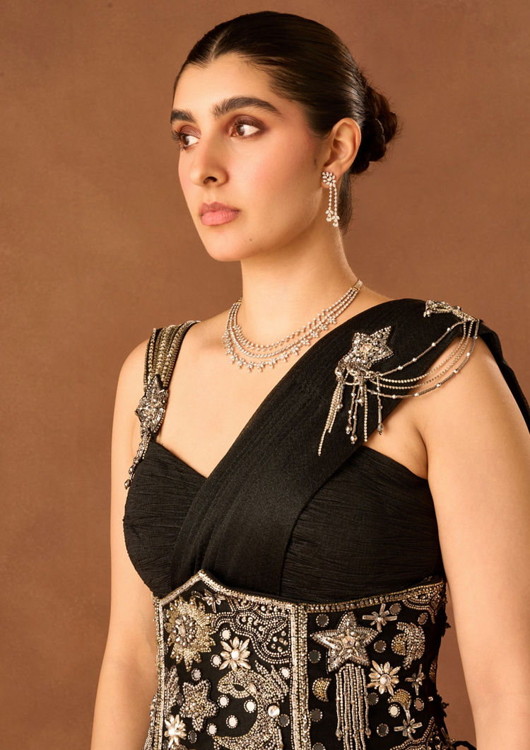 Twamev Women Black Georgette Saree with Sequin Work